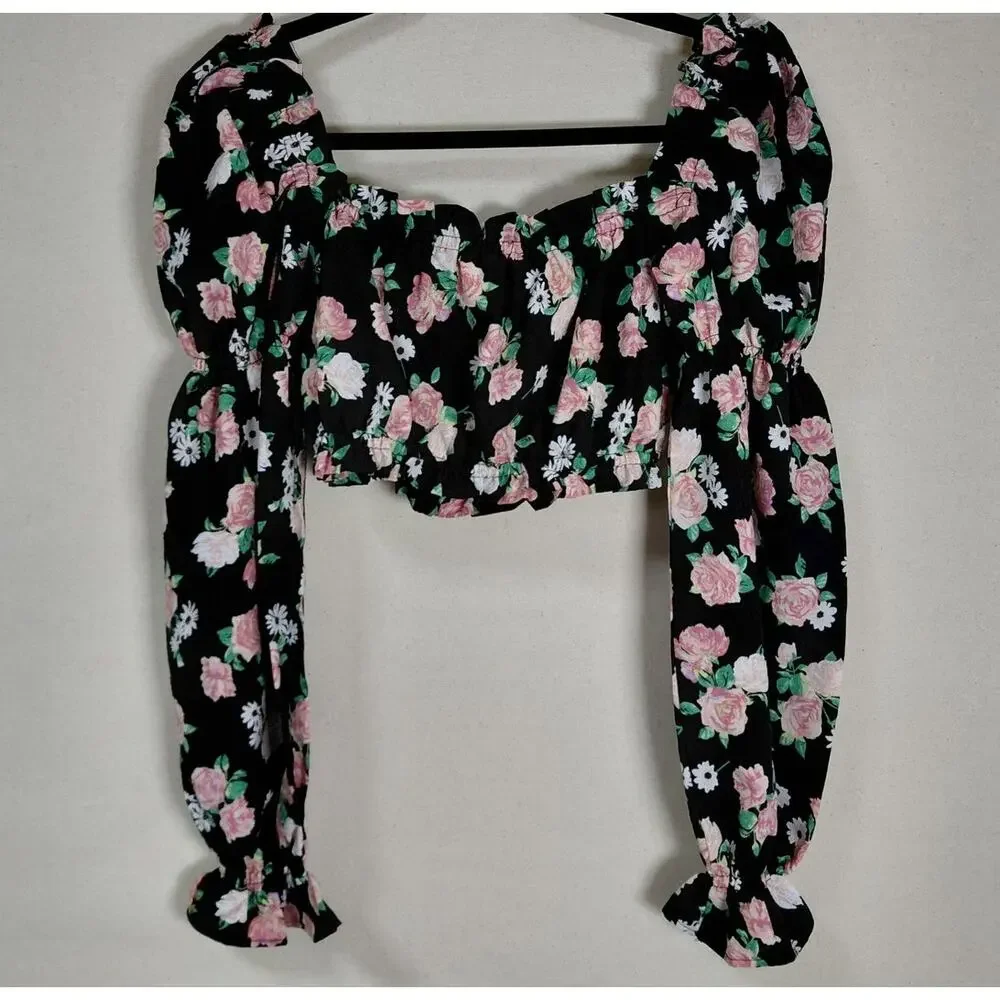 H&M Divided Black Floral Ruffle Smocked Stretch Blouse Women Size M